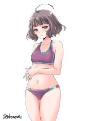 Rule 34 | 1girl, ahoge, bikini, blunt bangs, brown eyes, brown hair, collarbone, commentary request, groin, highres, kantai collection, kishinami (kancolle), looking at viewer, navel, one-hour drawing challenge, own hands clasped, own hands together, purple bikini, short hair, simple background, solo, sports bikini, swimsuit, takomeshi, twitter username, wavy hair, white background