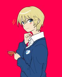 Rule 34 | 1girl, alternate hairstyle, artist name, blonde hair, blue eyes, blue sweater, closed mouth, commentary, cup, darjeeling (girls und panzer), dated, dress shirt, from side, girls und panzer, highres, holding, holding cup, long sleeves, looking at viewer, no neckwear, red background, school uniform, shirt, short hair, signature, simple background, smile, solo, st. gloriana&#039;s school uniform, sweater, teacup, upper body, v-neck, white shirt, wing collar, zono (inokura syuzo029)