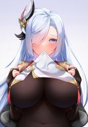 Rule 34 | 1girl, absurdres, blue eyes, blue hair, bodysuit, breast curtain, breasts, bridal gauntlets, clothing cutout, covered navel, genshin impact, gradient background, hair ornament, hair over one eye, highres, large breasts, long hair, looking at viewer, mouth hold, purple background, shenhe (genshin impact), shoulder cutout, solo, upper body, xlyami