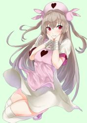 Rule 34 | 1girl, apron, breasts, grey hair, hat, heart, highres, hotate-chan, long hair, looking at viewer, medium breasts, natori sana, nurse, pink apron, red eyes, sana channel, simple background, smile, solo, virtual youtuber