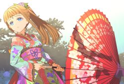 Rule 34 | 1girl, alternate costume, alternate hairstyle, bare shoulders, bird, blue eyes, blue kimono, blunt bangs, blurry, blurry background, brown hair, detached sleeves, floral kimono, flower, forest, hair flower, hair ornament, high ponytail, holding, holding umbrella, hydrangea, japanese clothes, kimono, long hair, looking afar, nature, oil-paper umbrella, parted lips, ponytail, rain, shiho (valkyrie profile), silhouette, standing, umbrella, valkyrie profile (series), wind, yunde (twez3727)