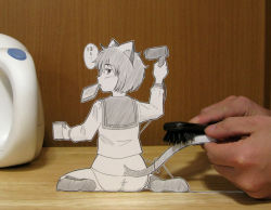 Rule 34 | 1girl, animal ears, bread slice, butt crack, cat ears, cat tail, food, food in mouth, looking back, mouth hold, no pants, panties, paper child, papercraft (medium), photo (medium), sasaki yukinojou, school uniform, sitting, solo focus, tail, toast, toast in mouth, unconventional media, underwear