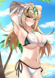 Rule 34 | 1girl, absurdres, armpits, arms up, beach, bikini, blonde hair, blush, breasts, chest jewel, cleavage, closed mouth, ega-chan, gem, hair ornament, headpiece, highres, jewelry, large breasts, light frown, long hair, looking at viewer, mythra (xenoblade), navel, nintendo, nipples, ocean, palm tree, see-through, shirt, shy, side-tie bikini bottom, solo, swept bangs, swimsuit, tiara, tree, tsundere, undressing, wet, white bikini, white shirt, xenoblade chronicles (series), xenoblade chronicles 2, yellow eyes