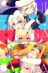 Rule 34 | 5girls, altera (fate), altera the santa (fate), artoria pendragon (all), artoria pendragon (fate), bell, black gloves, black headwear, black legwear, black santa costume, blonde hair, blush, bow, braid, breasts, capelet, chin piercing, dark-skinned female, dark skin, earmuffs, echo (circa), elbow gloves, fake facial hair, fake mustache, fate/grand order, fate (series), feathers, florence nightingale (fate), florence nightingale (santa) (fate), fur-trimmed capelet, fur trim, gloves, green bow, green eyes, hair between eyes, hair intakes, hat, headband, headdress, headpiece, holding, holding syringe, jeanne d&#039;arc (fate), jeanne d&#039;arc alter santa lily (fate), long hair, looking at viewer, mittens, multiple girls, one eye closed, open mouth, parted bangs, pink hair, quetzalcoatl (fate), quetzalcoatl (samba santa) (fate), red eyes, red headwear, sack, santa alter, santa costume, santa hat, short hair, sidelocks, smile, star (symbol), striped, striped bow, syringe, veil, white capelet, white mittens, yellow eyes