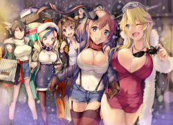 Rule 34 | &gt;:), 10s, 5girls, :d, :o, ;d, ahoge, alternate costume, armadillo-tokage, bad id, bad pixiv id, beret, black hair, blonde hair, blue eyes, blue hair, blue shorts, blurry, brand name imitation, breast press, breasts, brown gloves, brown hair, casual, cellphone, cleavage, cleavage cutout, clothing cutout, commandant teste (kancolle), covered navel, denim, denim shorts, depth of field, dress, fur trim, garter straps, gloves, hair ornament, hat, highres, huge breasts, impossible clothes, iowa (kancolle), jacket, kantai collection, kongou (kancolle), large breasts, legs, long hair, looking at another, multicolored hair, multiple girls, nagato (kancolle), one eye closed, open mouth, outdoors, pantyhose, phone, pink dress, plaid, plaid scarf, purple eyes, red hair, saratoga (kancolle), scarf, shirt, shopping, short dress, shorts, side ponytail, side slit, smartphone, smile, snowing, streaked hair, sunglasses, suspenders, sweat, sweater, swept bangs, taut clothes, thigh gap, thighhighs, thighs, turtleneck, turtleneck sweater, v-shaped eyebrows, white hair, white shirt, white sweater