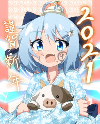 Rule 34 | circled 9, 1girl, 2021, ahoge, animal hair ornament, black bow, blue bow, blue eyes, blue hair, blue kimono, blue sash, blush, bow, chinese zodiac, cirno, collarbone, commentary request, cow, cow hair ornament, curly hair, do (4-rt), facepaint, fang, food, food on head, fruit, fruit on head, glowing, glowing eyes, glowing wings, hair bow, hair ornament, hairpin, holding, hug, ice, ice wings, japanese clothes, kimono, long sleeves, mandarin orange, new year, object on head, open mouth, raised eyebrows, sash, short hair, sidelocks, snowflake print, solo, touhou, translation request, upper body, white kimono, wings, year of the ox