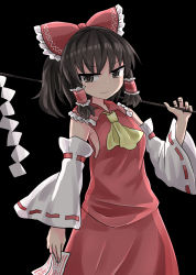 Rule 34 | 1girl, ascot, black background, black eyes, black hair, bow, chups, closed mouth, cowboy shot, detached sleeves, gohei, hair bow, hair tubes, hakurei reimu, highres, holding, looking at viewer, nontraditional miko, ofuda, red bow, red shirt, red skirt, ribbon-trimmed sleeves, ribbon trim, shirt, simple background, skirt, solo, standing, touhou, v-shaped eyebrows, wide sleeves, yellow ascot