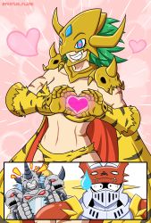 Rule 34 | 1girl, 2boys, animal print, armor, artist request, breasts, brother and sister, cape, cleavage, curvy, digimon, dukemon, full armor, gauntlets, ginkakumon, heart, heart hands, helmet, highres, kinkakumon, large breasts, looking at another, monster girl, multiple boys, muscular, muscular female, navel, no humans, royal knights, siblings, standing, wide hips