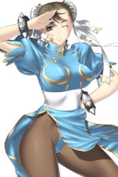 Rule 34 | 1girl, bracelet, breasts, brown eyes, brown hair, bun cover, capcom, china dress, chinese clothes, chun-li, dress, covered erect nipples, jewelry, kansuke, medium breasts, pantyhose, pelvic curtain, sash, solo, spiked bracelet, spikes, street fighter, wink