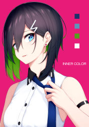Rule 34 | 1girl, absurdres, bare shoulders, black hair, blue eyes, blue necktie, breasts, buttons, colored inner hair, earrings, green hair, hair ornament, hair over one eye, hairclip, highres, jewelry, looking at viewer, medium hair, mole, mole under eye, multicolored hair, necktie, ochiai miyabi, original, pink background, shirt, sleeveless, small breasts, solo, two-tone hair, upper body, white shirt