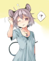 Rule 34 | 1girl, ?, ahoge, akagashi hagane, animal ears, bow, collarbone, drooling, flat chest, grey hair, hand on own head, messy hair, motion lines, mouse ears, mouse tail, nazrin, nightgown, one eye closed, open mouth, pink eyes, short hair, short sleeves, sleepy, solo, spoken question mark, tail, touhou