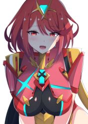 Rule 34 | 1girl, absurdres, armor, breasts, chest jewel, commentary request, core crystal (xenoblade), earrings, eyelashes, hair between eyes, highres, impossible clothes, jewelry, large breasts, latte, leaning forward, looking at viewer, medium hair, open mouth, pyra (xenoblade), red eyes, red hair, shadow, shiny clothes, short sleeves, sidelocks, simple background, solo, swept bangs, teeth, tiara, upper body, upper teeth only, white background, xenoblade chronicles (series), xenoblade chronicles 2