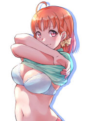Rule 34 | 1girl, ahoge, aqua shirt, blue bra, bow, bra, braid, breasts, cleavage, clothes lift, crossed arms, drop shadow, hair bow, kanabun, large breasts, lifting own clothes, looking at viewer, love live!, love live! sunshine!!, navel, orange hair, red eyes, shirt, shirt lift, short hair, side braid, solo, stomach, takami chika, underwear, undressing, upper body, white background, yellow bow