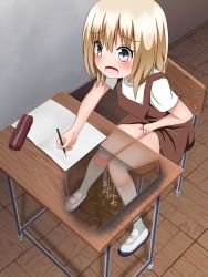 Rule 34 | 1girl, absurdres, between legs, blonde hair, blush, book, brown dress, chair, classroom, desk, dress, embarrassed, female focus, from above, full body, grey eyes, hand between legs, have to pee, highres, holding, indoors, kneehighs, open book, open mouth, original, peeing, peeing self, pencil, pencil case, puddle, school desk, school uniform, shirt, shoes, short hair, short sleeves, sitting, sleeveless, sleeveless dress, socks, solo, tears, tetora, white footwear, white shirt, white socks, wide-eyed, x-ray