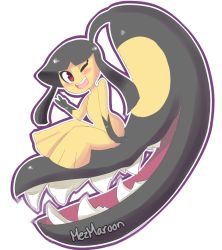 Rule 34 | 1girl, artist name, black hair, blush, creatures (company), extra mouth, female focus, full body, game freak, gen 3 pokemon, hand up, happy, highres, jpeg artifacts, long hair, mawile, mezmaroon, nintendo, no humans, one eye closed, open mouth, outline, pokemon, pokemon (creature), purple outline, red eyes, sharp teeth, signature, simple background, sitting, smile, solo, teeth, v, white background, white outline, wink
