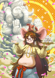 Rule 34 | 1girl, belly, bindi, black-framed eyewear, blush, bow, breasts, brown eyes, brown hair, commentary request, dango, elephant hat, falling petals, fate/grand order, fate (series), food, ganesha (fate), glasses, hair bow, highres, holding, holding tray, jewelry, jinako carigiri, long hair, looking at viewer, medium breasts, midriff, navel, open mouth, petals, plump, ring, solo, statue, tray, tsukimi dango, very long hair, wagashi, warikomao