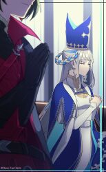 Rule 34 | 1boy, 1girl, absurdres, armor, belt, black gloves, black hair, blue capelet, blue hair, braid, braided hair rings, breasts, cape, capelet, closed eyes, constantine xi (fate), dress, earrings, elbow gloves, fate/grand order, fate (series), gloves, grey hair, hair rings, hat, highres, house tag denim, jewelry, long hair, long sleeves, medium breasts, mitre, multicolored hair, own hands together, pope joan (fate), praying, red armor, short hair, sidelocks, smile, twin braids, two-tone hair, white dress