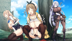 Rule 34 | 3girls, atelier (series), atelier ryza, atelier ryza 1, bare shoulders, blonde hair, blush, bodysuit, braid, breasts, brown hair, cleavage, closed eyes, covered erect nipples, daiaru, day, female masturbation, fingering, gloves, hair ornament, hairband, hairclip, hat, jewelry, klaudia valentz, kneeling, large breasts, lila decyrus, long hair, low twintails, masturbation, multiple girls, necklace, nipples, open mouth, outdoors, pantyhose, pubic tattoo, public indecency, public masturbation, pussy, pussy juice, reisalin stout, see-through, short hair, silver hair, spread legs, squatting, standing, tattoo, thighhighs, thighs, tree, twintails, very long hair, white headwear
