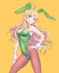Rule 34 | 1girl, ahoge, animal ears, antenna hair, armpits, bare shoulders, blonde hair, blue eyes, blush, bow, bowtie, breasts, cleavage, detached collar, fake animal ears, female focus, green eyes, hand on leg, hand on own hip, head tilt, highres, hoshii miki, idolmaster, idolmaster (classic), leotard, long hair, looking at viewer, looking down, nail polish, oku (okumen), one eye closed, pantyhose, playboy bunny, rabbit ears, simple background, solo, standing, wink, wrist cuffs, yellow background