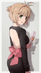 Rule 34 | 1girl, :d, aged up, antenna hair, back, backless dress, backless outfit, black dress, border, brown hair, cardcaptor sakura, champagne flute, cowboy shot, cup, dress, drinking glass, from behind, green eyes, grey background, hair intakes, highres, holding, holding cup, kinomoto sakura, laofuzi dai bansho, long sleeves, looking at viewer, looking back, open mouth, outside border, revision, sash, shadow, short hair, short ponytail, shoulder blades, smile, solo, standing, white border