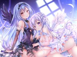 Rule 34 | 2girls, :o, angel wings, aoba chise, aoba project, aoba rena, arm support, arm warmers, ass, bare shoulders, black panties, black ribbon, black vs white, blue hair, breasts, covered navel, dress, feathered wings, feathers, hair ribbon, highres, large breasts, light purple hair, long hair, looking at viewer, multiple girls, panties, parted lips, purple dress, purple eyes, red eyes, ribbon, sakura moyon, sitting, sleeveless, sleeveless dress, small breasts, smile, twintails, underwear, very long hair, white dress, white ribbon, wings