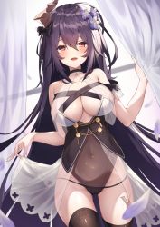 Rule 34 | 1girl, :d, absurdres, all fours, belt, black hair, black neckwear, black panties, black ribbon, blush, breasts, cleavage, covered navel, curtains, flower, gluteal fold, hair between eyes, hair down, hair flower, hair ornament, hair over shoulder, hair ribbon, highres, horns, large breasts, long hair, looking at viewer, navel, open mouth, original, panties, purple hair, red eyes, ribbon, rigorigo, see-through, smile, solo, standing, thighhighs, thighs, underwear, window, witch