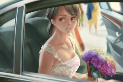 Rule 34 | 1girl, blurry, bouquet, bride, brown eyes, brown hair, car, depth of field, dress, earrings, eiri su, flower, holding, jewelry, looking at viewer, motor vehicle, original, parted lips, photo-referenced, signature, sitting, smile, wedding dress