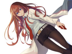 Rule 34 | 1girl, artist name, belt, black shorts, blue eyes, brown hair, cellphone, collared shirt, dutch angle, hair between eyes, holding, holding phone, lab coat, pantyhose under shorts, long hair, looking at viewer, lucidsky, makise kurisu, necktie, pantyhose, phone, red necktie, shirt, shorts, simple background, smartphone, solo, steins;gate, white background, white belt, white shirt