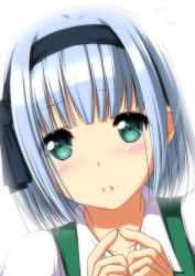 Rule 34 | 1girl, :o, blush, dutch angle, female focus, fingers together, green eyes, hairband, index fingers together, konpaku youmu, looking at viewer, nori tamago, open mouth, portrait, short hair, silver hair, simple background, solo, touhou, upper body, white background