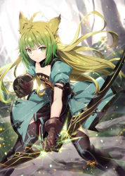 Rule 34 | 1girl, animal ear fluff, animal ears, atalanta (fate), backlighting, black thighhighs, bow (weapon), braid, brown gloves, brown hair, cat ears, closed mouth, commentary request, day, dress, fate/apocrypha, fate (series), gabiran, gloves, gradient hair, green dress, green eyes, green hair, holding, holding bow (weapon), holding weapon, long hair, looking at viewer, multicolored hair, outdoors, puffy short sleeves, puffy sleeves, short sleeves, solo, sunlight, thighhighs, tree, v-shaped eyebrows, very long hair, weapon