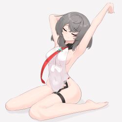 Rule 34 | 1girl, absurdres, armpits, arms up, bare legs, barefoot, blush, breasts, character request, closed eyes, closed mouth, counter:side, covered navel, full body, grey hair, highres, leotard, medium breasts, nabiyan, short hair, sideboob, simple background, sitting, smile, solo, stretching, thigh strap, wariza, white background, white leotard