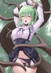 Rule 34 | 1girl, absurdres, antlers, black choker, bound, bound arms, bound wrists, branch, breasts, censored, ceres fauna, ceres fauna (jirai kei), choker, classic (zildjian33), clothes pull, crying, earrings, flower, green hair, hair flower, hair ornament, hair ribbon, highres, hololive, hololive english, horns, jewelry, large breasts, long hair, looking at viewer, medium breasts, mole, mole under eye, mosaic censoring, navel, official alternate costume, panties, panty pull, pussy, restrained, ribbon, saliva, shirt, skirt, skirt pull, solo, steam, tears, thigh gap, thighs, underwear, virtual youtuber, wet, yellow eyes