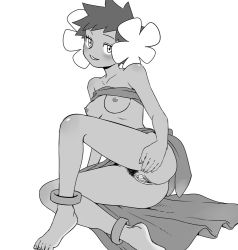 Rule 34 | 1girl, anklet, bad id, bad pixiv id, bare shoulders, barefoot, blush, breasts, clitoris, clothes lift, creatures (company), dark-skinned female, dark skin, elite four, eyelashes, female focus, female pubic hair, flower, game freak, greyscale, hair flower, hair ornament, jewelry, looking at viewer, monochrome, nintendo, nipples, no panties, nutkingcall, parted lips, phoebe (pokemon), pokemon, pubic hair, pussy, sarong, shirt lift, short hair, simple background, sitting, small breasts, smile, solo, spread pussy, uncensored, white background