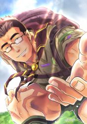 Rule 34 | 1boy, ascot, backpack, bad id, bad pixiv id, bag, bara, black hair, glasses, hand on own thigh, looking at viewer, magnoliaboxuzu, male focus, motoori shiro, muscular, muscular male, official alternate costume, on one knee, reaching, reaching towards viewer, rimless eyewear, scout uniform, shirt, short hair, smile, solo, thick eyebrows, tokyo houkago summoners