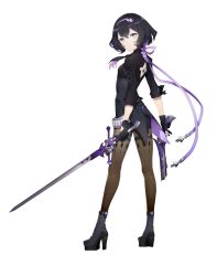 Rule 34 | 1girl, absurdres, artist request, belt, black footwear, black gloves, black hair, black shirt, black shorts, boots, coattails, dual wielding, eversoul, from side, full body, game cg, gloves, grey eyes, grey pantyhose, gun, hair between eyes, hair ribbon, hairband, high heel boots, high heels, highres, holding, holding gun, holding sword, holding weapon, linzy (eversoul), long sleeves, looking to the side, multicolored hair, official art, pantyhose, purple hair, ribbon, shirt, short hair, shorts, sleeves rolled up, solo, sword, tachi-e, thigh strap, transparent background, two-tone hair, two-tone shirt, weapon