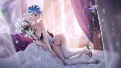Rule 34 | 1girl, bare shoulders, black panties, blue eyes, blue hair, blush, breasts, bustier, cleavage, collarbone, crystal, curtains, day, detached sleeves, feet, flower, frilled panties, frills, garter belt, garter straps, hair ornament, hair over one eye, high heels, highres, lace, lace-trimmed legwear, lace trim, large breasts, looking at viewer, lying, maid, mhk (mechamania), on bed, on side, panties, pillow, re:zero kara hajimeru isekai seikatsu, rem (re:zero), ribbon, sandals, shoe dangle, short hair, smile, solo, sunlight, thighhighs, underwear, white flower, white thighhighs, x hair ornament