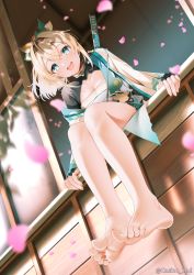 Rule 34 | 1girl, :d, bare legs, barefoot, black gloves, blonde hair, blush, breasts, casino (casinoep), chest sarashi, feet, fingerless gloves, from below, full body, gloves, green eyes, hair between eyes, hair ribbon, haori, highres, hololive, japanese clothes, katana, kazama iroha, long sleeves, looking at viewer, medium breasts, off shoulder, open mouth, petals, ponytail, ribbon, sarashi, sitting, smile, soles, solo, sword, toes, twitter username, virtual youtuber, weapon, weapon on back