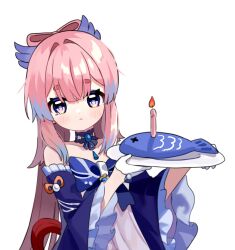 Rule 34 | 1girl, bare shoulders, blunt bangs, candle, collarbone, commentary request, detached sleeves, fish (food), genshin impact, gloves, gradient hair, hair ornament, half gloves, holding, holding plate, long hair, long sleeves, looking at viewer, low twintails, miyako draw, multicolored hair, nontraditional miko, pendant choker, pink hair, plate, sangonomiya kokomi, sidelocks, simple background, solo, strapless, thick eyebrows, twintails, two-tone hair, white background, white gloves, wide sleeves