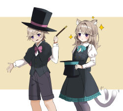 Rule 34 | 1boy, 1girl, :&lt;, aged down, animal ears, baseatoz, black capelet, bow, bowtie, brother and sister, capelet, cat ears, cat girl, cat tail, dress, empty eyes, genshin impact, green bow, green bowtie, hat, highres, holding, holding wand, juliet sleeves, long sleeves, lynette (genshin impact), lyney (genshin impact), pinafore dress, pink bow, pink bowtie, puffy sleeves, shorts, siblings, sleeveless, sleeveless dress, sparkle, tail, tail wagging, top hat, wand