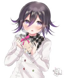 Rule 34 | 1boy, black hair, blush, checkered clothes, checkered scarf, commentary request, danganronpa (series), danganronpa v3: killing harmony, ebi (raruharura10), hair between eyes, highres, holding, long hair, long sleeves, looking at viewer, male focus, multicolored hair, open mouth, oma kokichi, pink ribbon, purple eyes, purple hair, ribbon, scarf, simple background, sleeves past wrists, solo, straitjacket, two-tone hair, upper body, white background