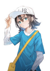 Rule 34 | 1girl, absurdres, adjusting clothes, adjusting headwear, aqua eyes, bag, baggy clothes, baseball cap, black hair, blue shirt, bob cut, clothes writing, commentary, expressionless, flat chest, flipped hair, hair between eyes, hand in pocket, hand on headwear, hand up, hat, hataraku saibou, hataraku saibou black, head tilt, highres, layered shirt, light blush, long sleeves, looking at viewer, messenger bag, parted lips, platelet (hataraku saibou), shirt, short hair, short sleeves, shoulder bag, simple background, solo, standing, strap, symbol-only commentary, t-shirt, upper body, white background, white shirt, xiaomai yorik, yellow bag