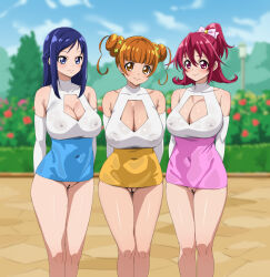 Rule 34 | 3girls, absurdres, aida mana, bar censor, bare shoulders, blue eyes, blue hair, blue skirt, blunt bangs, bow, breasts, censored, cleavage, cleavage cutout, cleft of venus, clothing cutout, cloud, commentary, covered erect nipples, day, detached sleeves, dokidoki! precure, double bun, flower, fuooooo, groin, hair bow, hair bun, highres, hishikawa rikka, large breasts, legs, looking at viewer, multiple girls, no panties, orange eyes, orange hair, orange skirt, outdoors, pink bow, pink eyes, pink skirt, precure, pussy, red hair, short twintails, skirt, sky, smile, standing, twintails, yotsuba alice