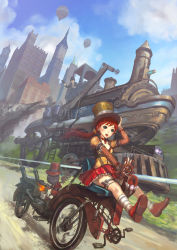 Rule 34 | 1girl, aircraft, bicycle, blue eyes, blush, day, gun, hat, holding hands, hot air balloon, locomotive, long hair, open mouth, original, ponytail, red hair, robot, shaonav, sky, solo, steam locomotive, steampunk, top hat, weapon