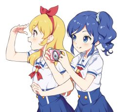 10s 2girls :d aida_takanobu aikatsu! aikatsu!_(series) blonde_hair blue_eyes blue_hair blush breasts camera female_focus hair_ribbon hairband hoshimiya_ichigo kiriya_aoi long_hair multiple_girls open_mouth red_eyes ribbon short_sleeves side_ponytail simple_background skirt small_breasts smile white_background