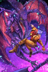 Rule 34 | 1girl, aki-t (akitbfpf144), arm cannon, armor, assault visor, colored skin, commentary, dragon, dragon wings, english commentary, fighting, full body, gradient background, helmet, highres, light particles, metroid, metroid (classic), nintendo, orange armor, power armor, purple background, purple skin, ridley, samus aran, sharp teeth, spiked arm, spikes, tail, teeth, varia suit, weapon, wings, yellow eyes