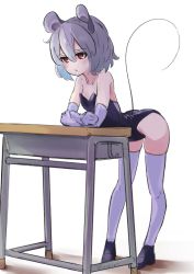 Rule 34 | 1girl, animal ears, desk, elbow gloves, gloves, grey hair, highres, kakedashi, leaning forward, leotard, mouse ears, mouse girl, nazrin, playboy bunny, red eyes, short hair, tail, thighhighs, touhou, white thighhighs