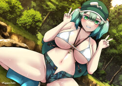 Rule 34 | 1girl, alternate costume, backpack, bag, black shorts, blue eyes, blue footwear, blue hair, blush, boots, breasts, cleavage, commentary request, double v, flat cap, foot out of frame, forest, green hat, grin, hair bobbles, hair ornament, hat, head tilt, highres, jewelry, kagiyama shachou, kawashiro nitori, key, key necklace, large breasts, looking at viewer, medium hair, midriff, nature, navel, necklace, outdoors, short shorts, shorts, sidelocks, smile, solo, squatting, sweat, touhou, tree, twitter username, two side up, v