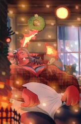 Rule 34 | 1boy, astar (live a hero), bara, christmas, colored skin, demon boy, dyzd1, feet out of frame, fiery horns, flame-tipped tail, forked eyebrows, highres, horns, huge eyebrows, large hands, large pectorals, live a hero, male focus, mature male, muscular, muscular male, mutton chops, ogre, pectoral cleavage, pectorals, pointy ears, red skin, sleeping, solo, square head, streaked beard, tusks, window