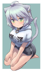 Rule 34 | 1girl, ahoge, animal ear fluff, animal ears, barefoot, black shorts, breasts, cat ears, cat girl, cat tail, closed mouth, clothes writing, commentary request, ear piercing, full body, green background, green eyes, grey hair, hair between eyes, highres, hood, hood down, hoodie, m.m, medium breasts, mole, mole under mouth, original, piercing, seiza, short shorts, shorts, sitting, soles, solo, tail, two-tone background, v-shaped eyebrows, white background, white hoodie