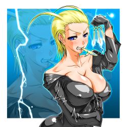Rule 34 | 1girl, blonde hair, blue eyes, breasts, cleavage, covered erect nipples, gloves, kingdom hearts, large breasts, larxene, latex, naughty face, no bra, short hair, solo, undressing, unzipped